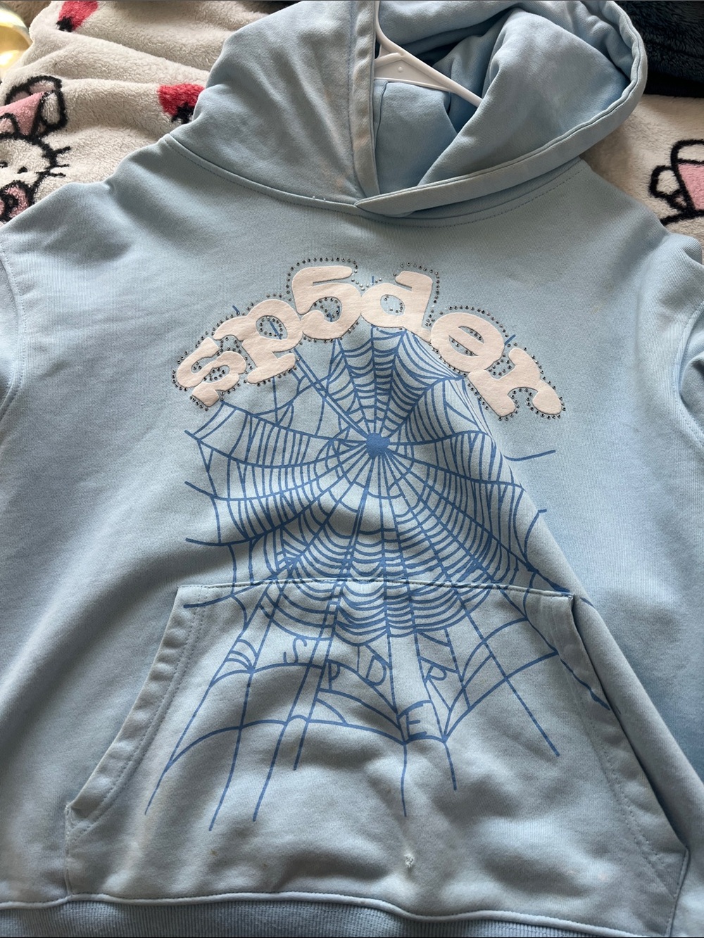 Girls Light Blue Graphic Hoodie with Spiderweb Motif